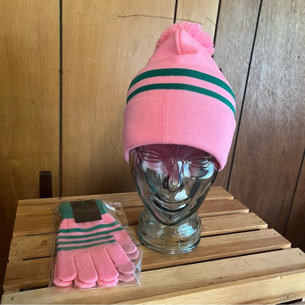 AKA Knit Cap w/ Pink Pom Pom & Matching Gloves - Picture 2 of 12